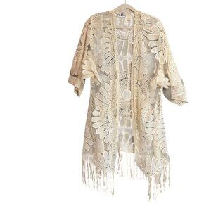 Chico's Lace Embroidered Fringe Sheer Mesh Duster Kimono Women's Large Cream